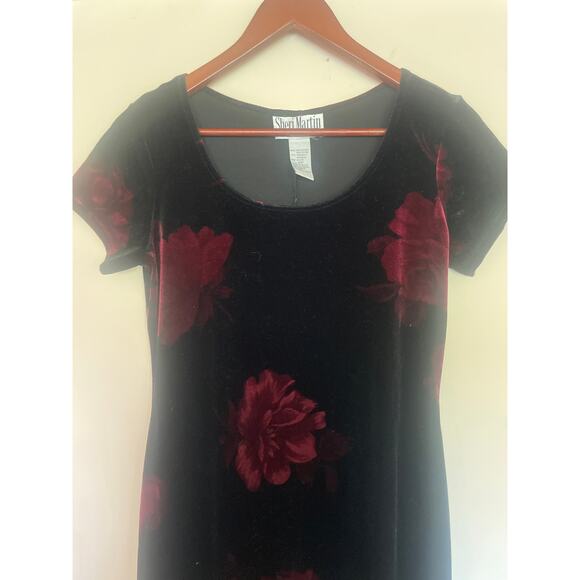 Vintage 90s Stretch Velvet Dress WHIMSIGOTH FAIRY GRUNGE Rose Print M Black - Picture 2 of 7